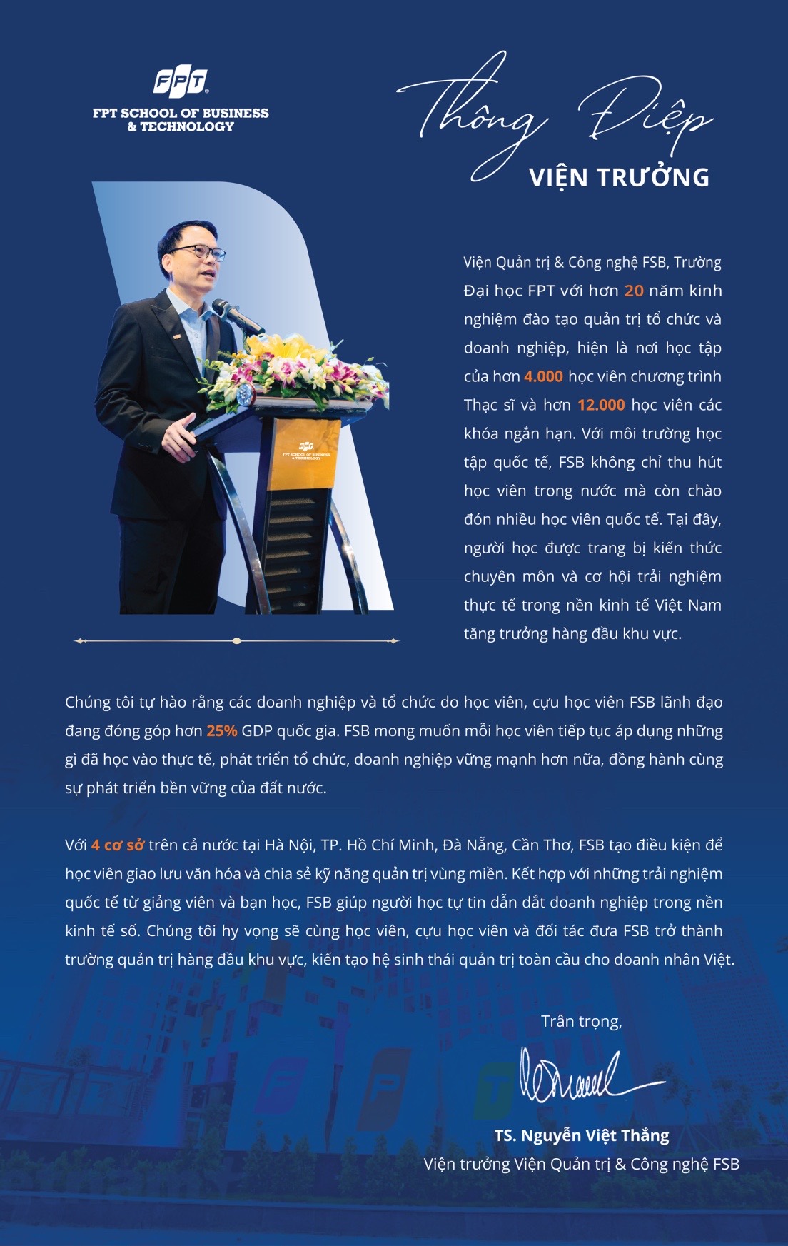 Thông điệp Viện trưởng - TS. Nguyễn Việt Thắng, Viện trưởng Viện Quản trị & Công nghệ FSB